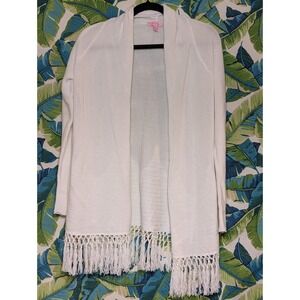 Lilly Pulitzer White Knit Open Front Fringe Cardigan Sweater Size Small